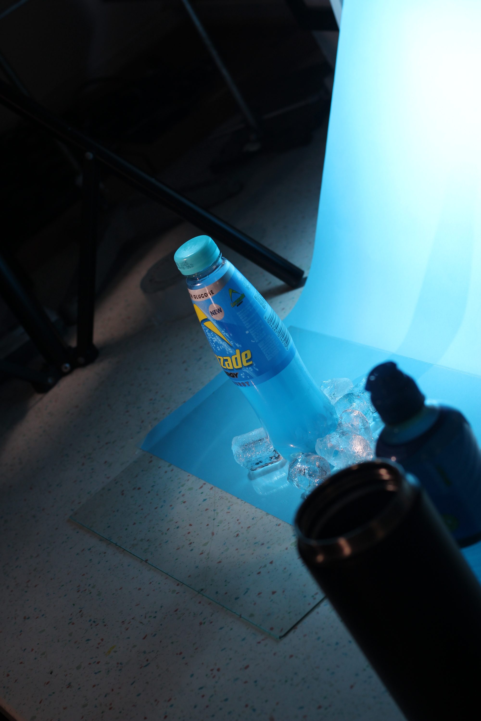 Studio set up — lighting rig, ice platform, and reflector